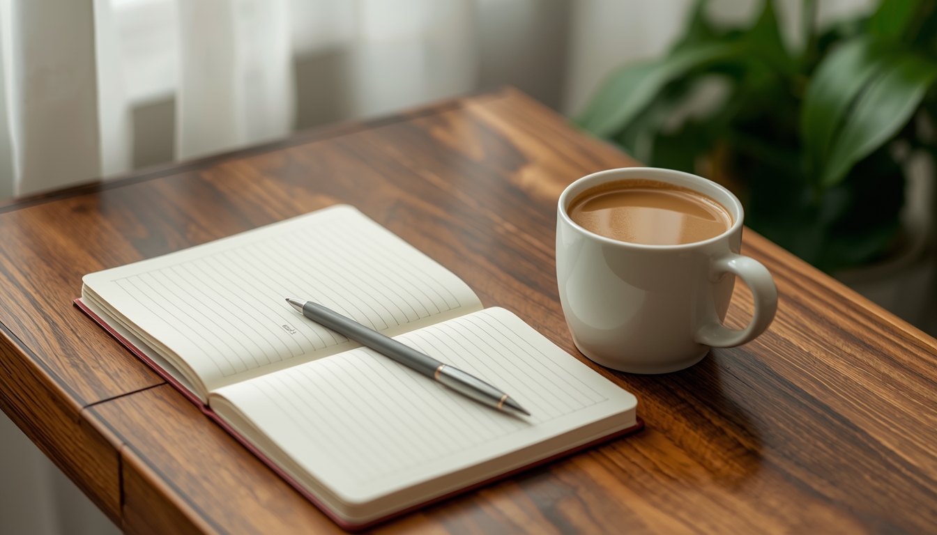 A calm morning routine with a warm drink and journal on a wooden table